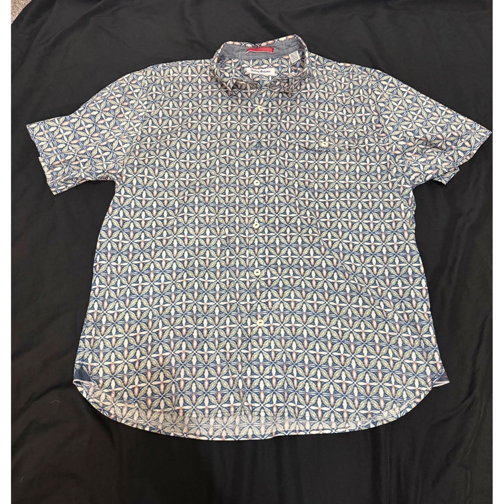 Tommy Bahama Mens XL Short Sleeve Button Down Shirt Geometric Tile Print Blue